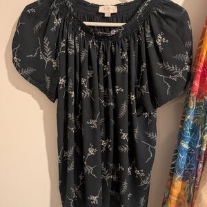 LOFT Black Blouse with White Leaf Patterns